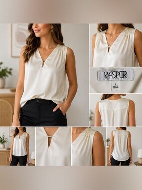 Kasper Women’s Ivory Satin Sleeveless Blouse SZ L Elegant Keyhole Neck Work Top